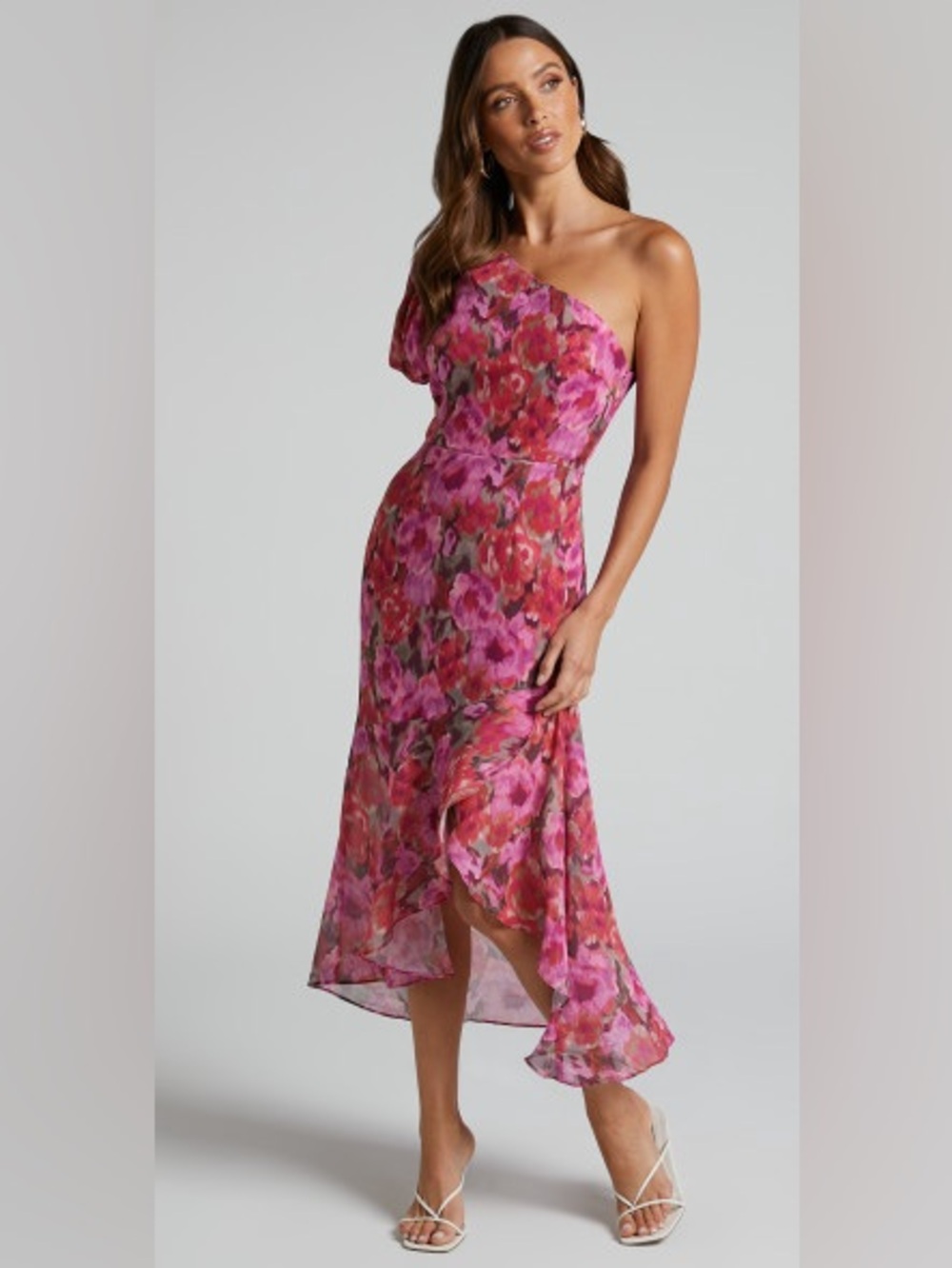 Showpo One-Shoulder Pink Floral Midi Dress